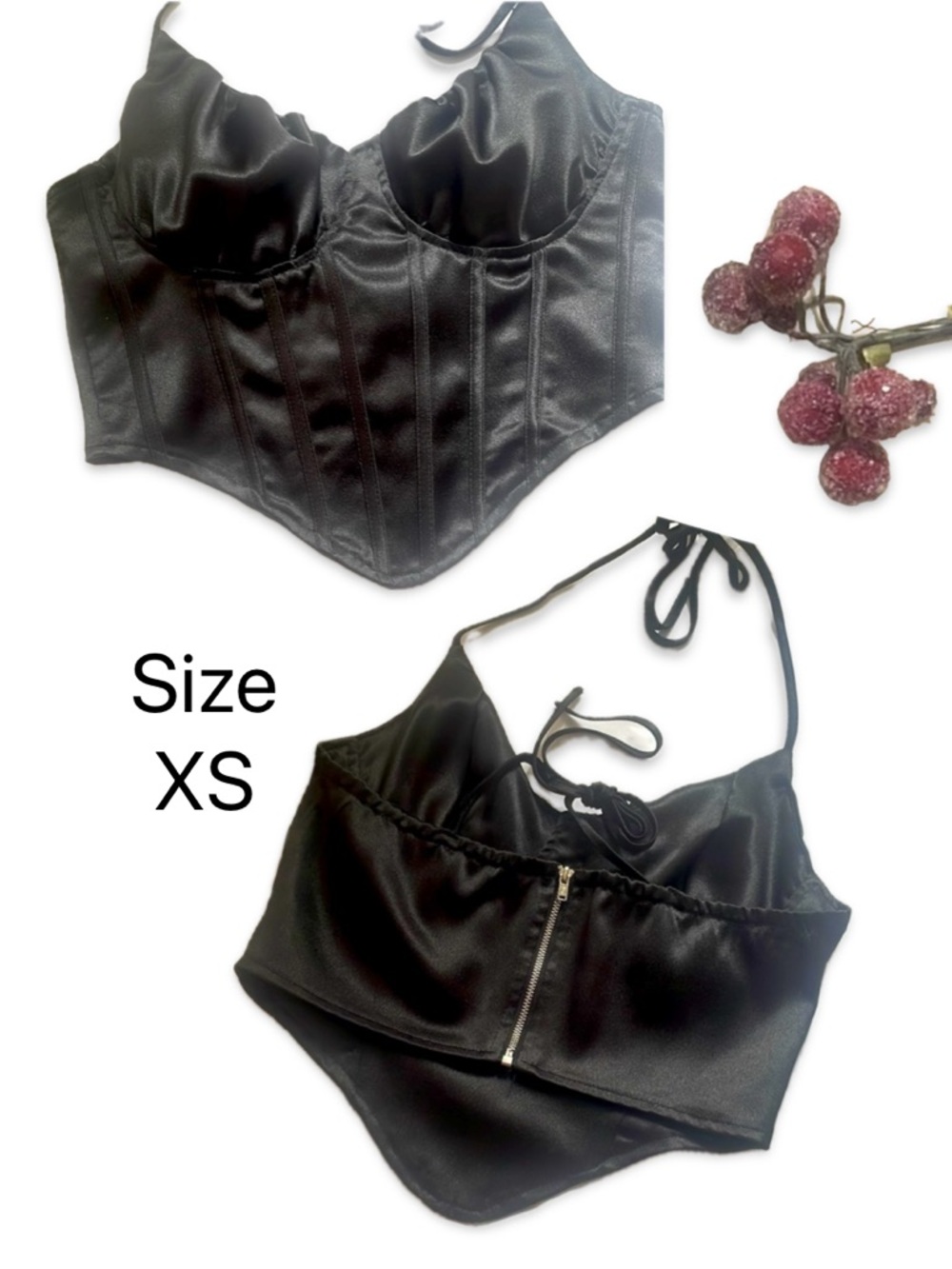 NWOT: Elegant Black Satin Corset Top - Halter/Criss Cross Design